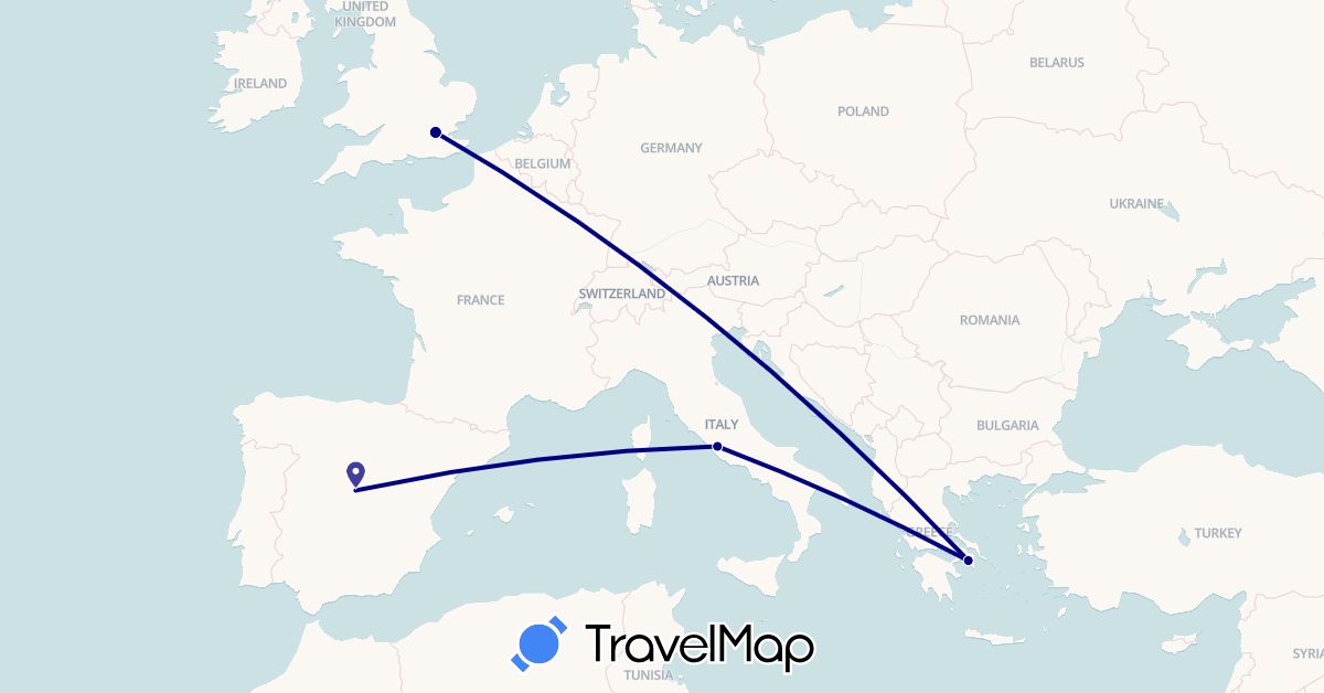 TravelMap itinerary: driving in Spain, United Kingdom, Greece, Italy (Europe)