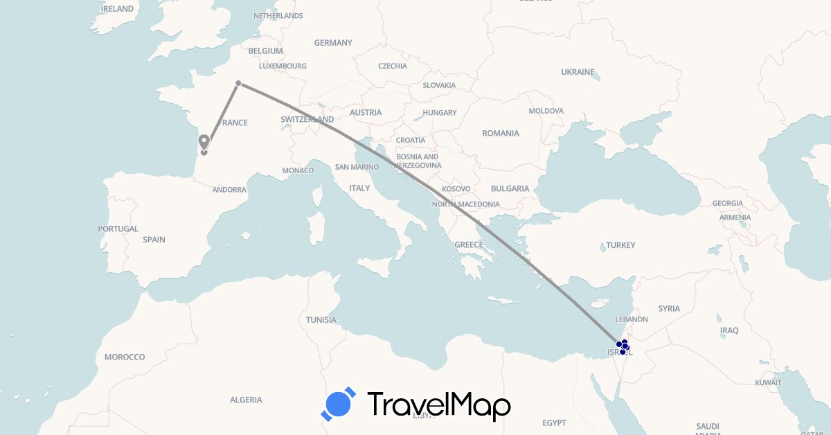 TravelMap itinerary: driving, plane in France, Israel (Asia, Europe)